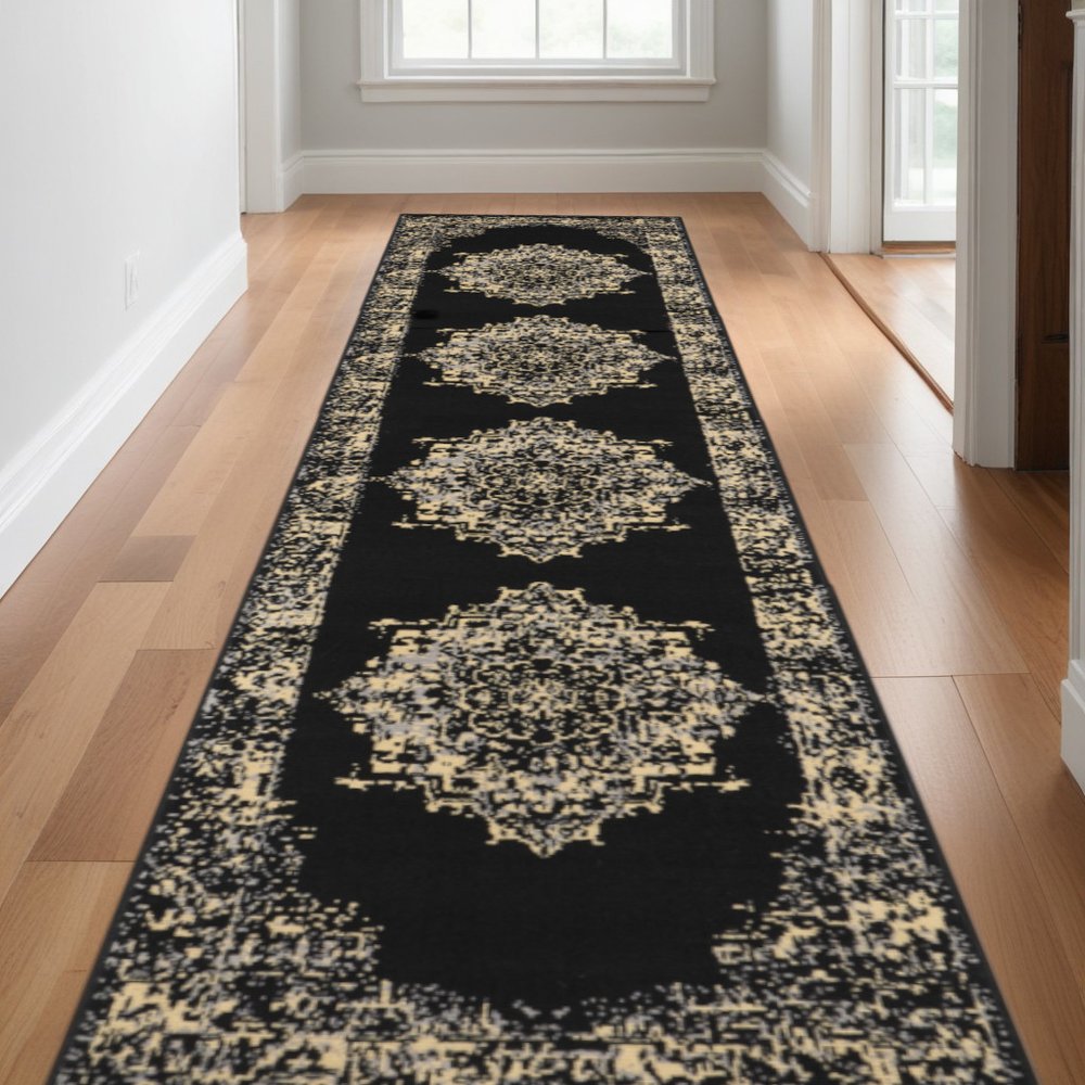 12' Black And Ivory Damask Runner Rug