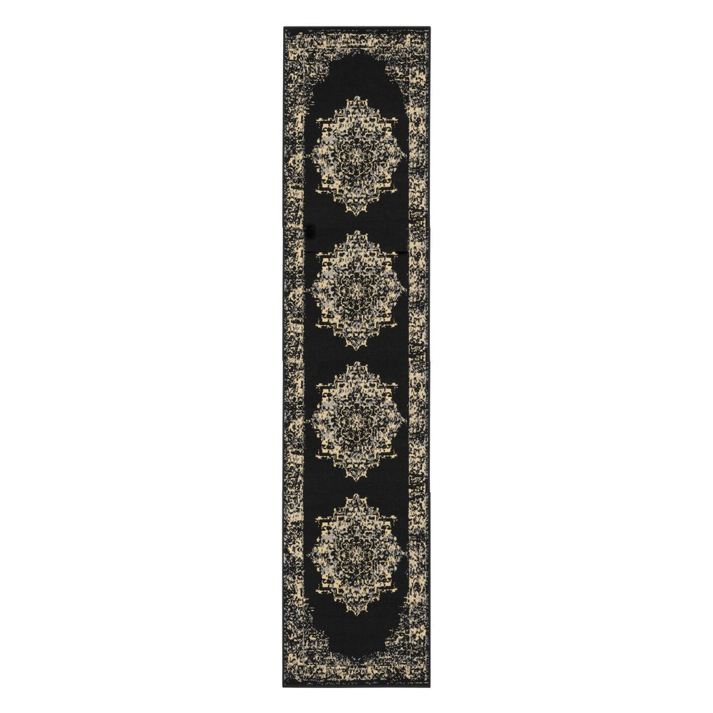 12' Black And Ivory Damask Runner Rug