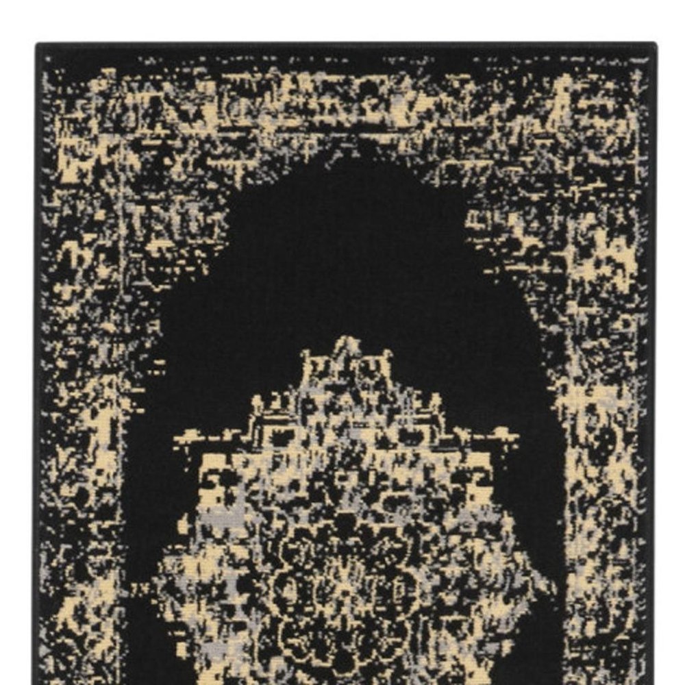 12' Black And Ivory Damask Runner Rug
