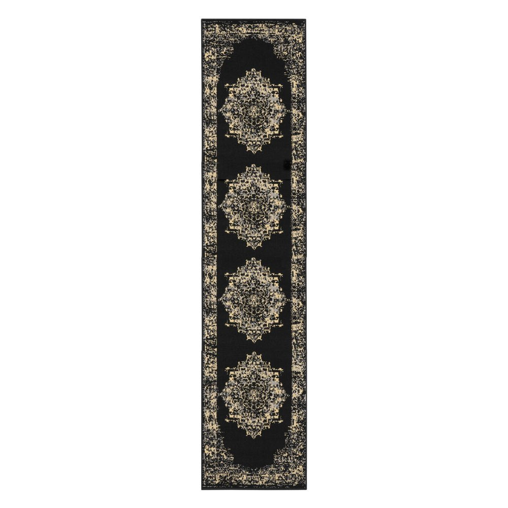 12' Black And Ivory Damask Runner Rug