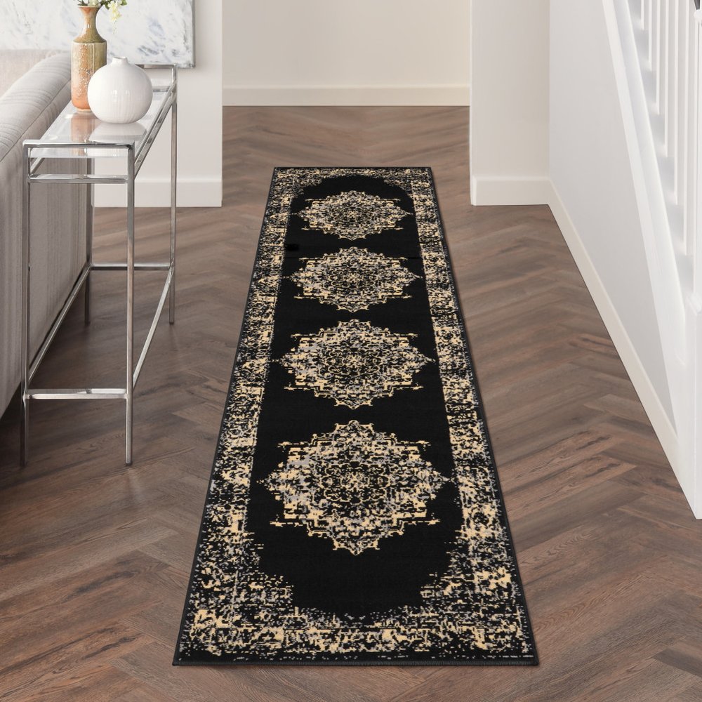 12' Black And Ivory Damask Runner Rug