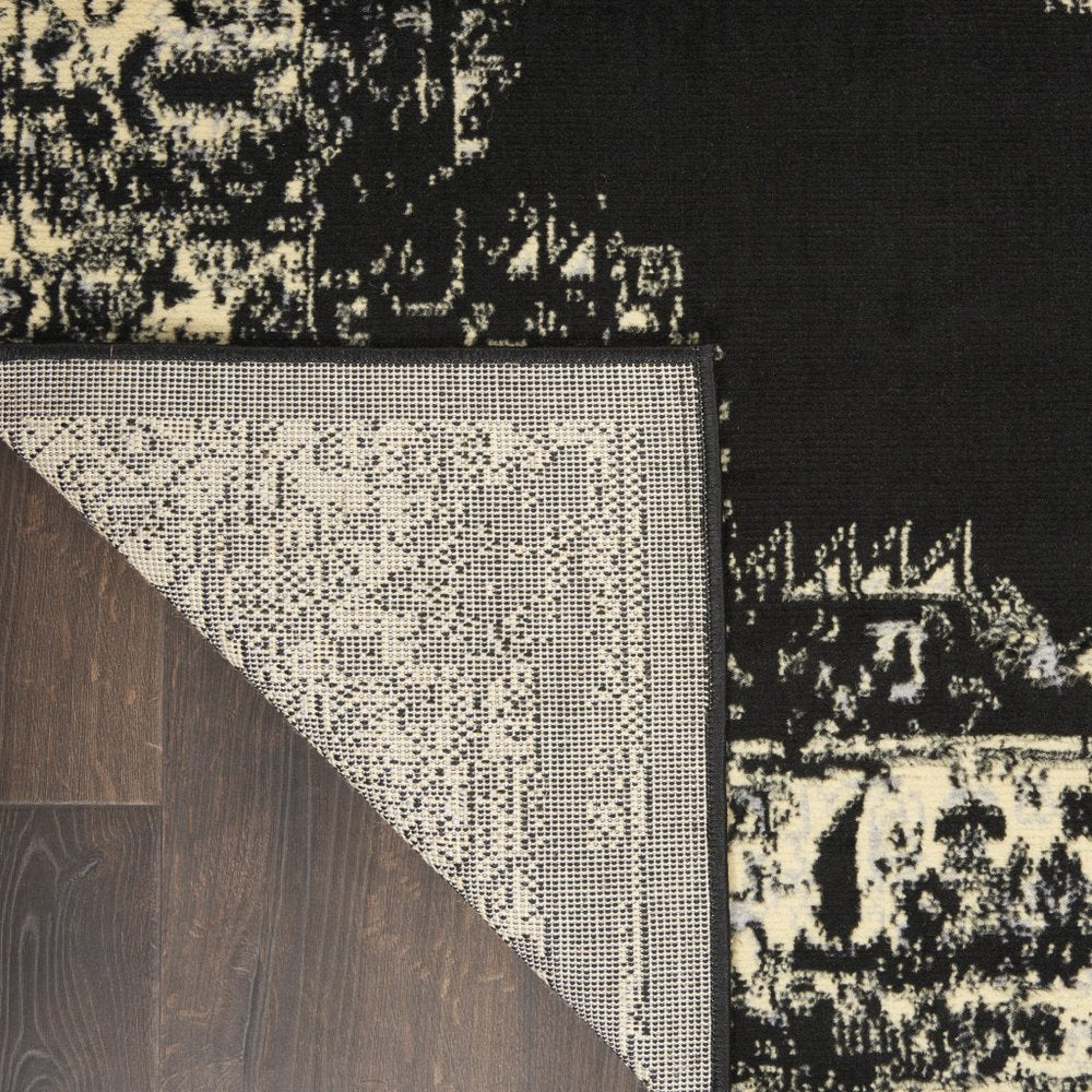 12' Black And Ivory Damask Runner Rug