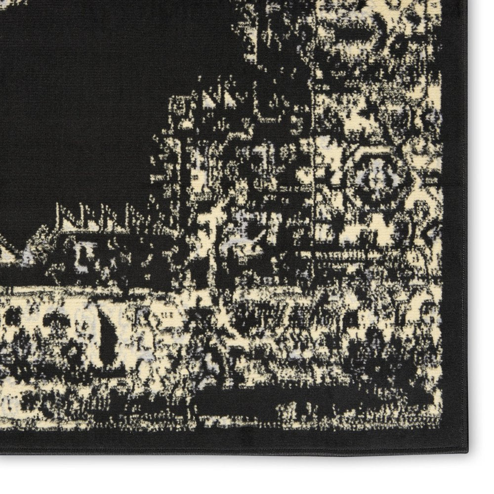 12' Black And Ivory Damask Runner Rug