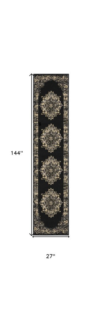 12' Black And Ivory Damask Runner Rug