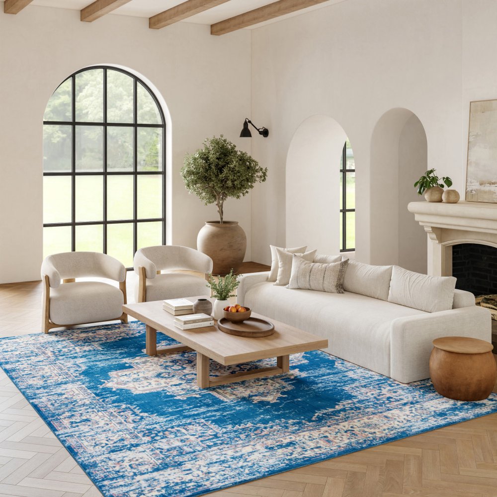 6' X 9' Blue Damask Power Loom Area Rug