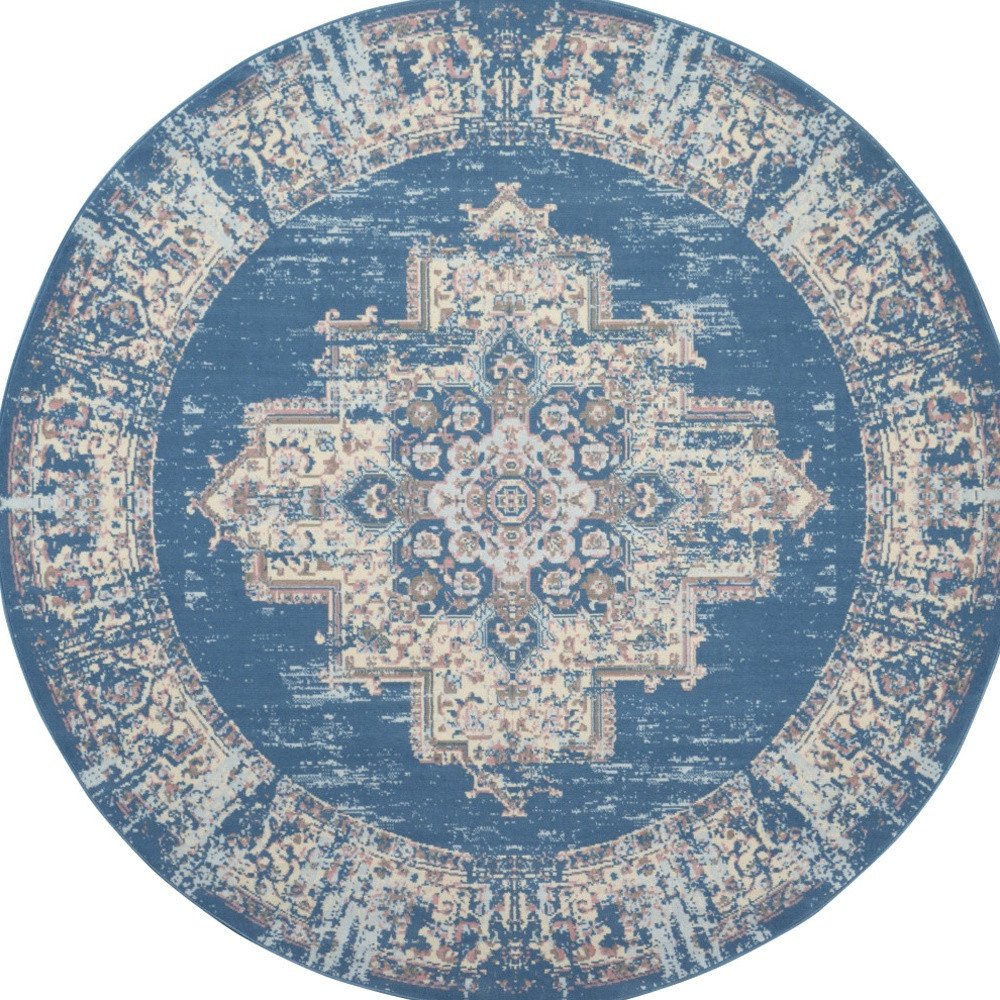 8' Blue Round Damask Power Loom Area Rug