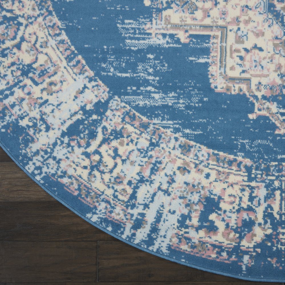 8' Blue Round Damask Power Loom Area Rug