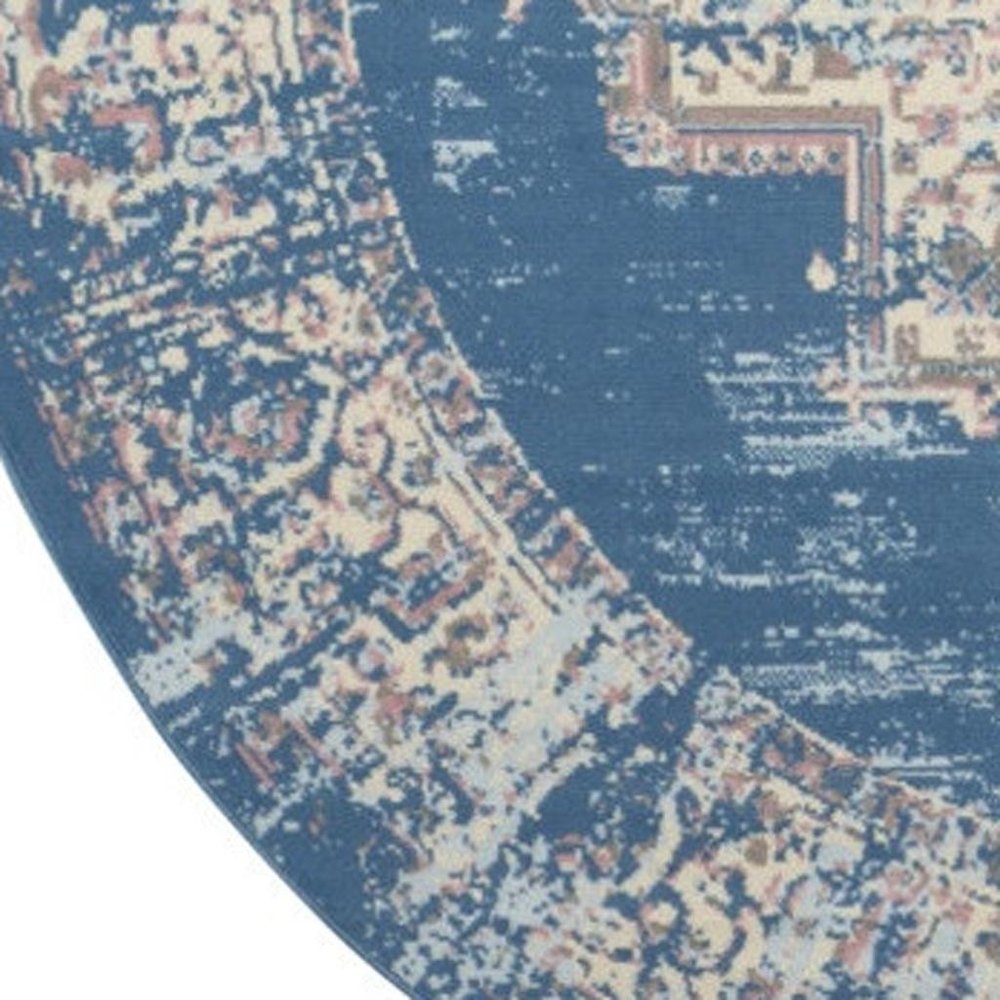 8' Blue Round Damask Power Loom Area Rug