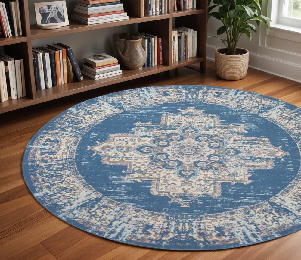 8' Blue Round Damask Power Loom Area Rug