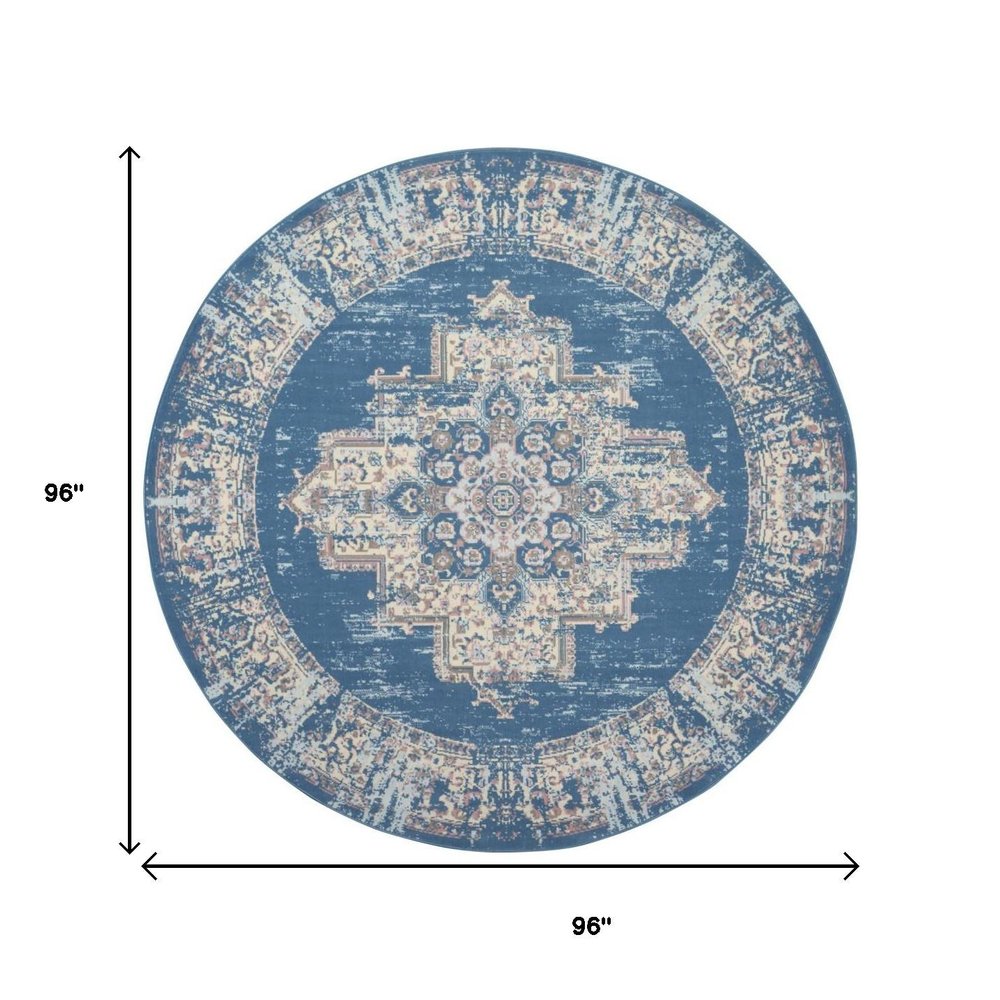 8' Blue Round Damask Power Loom Area Rug
