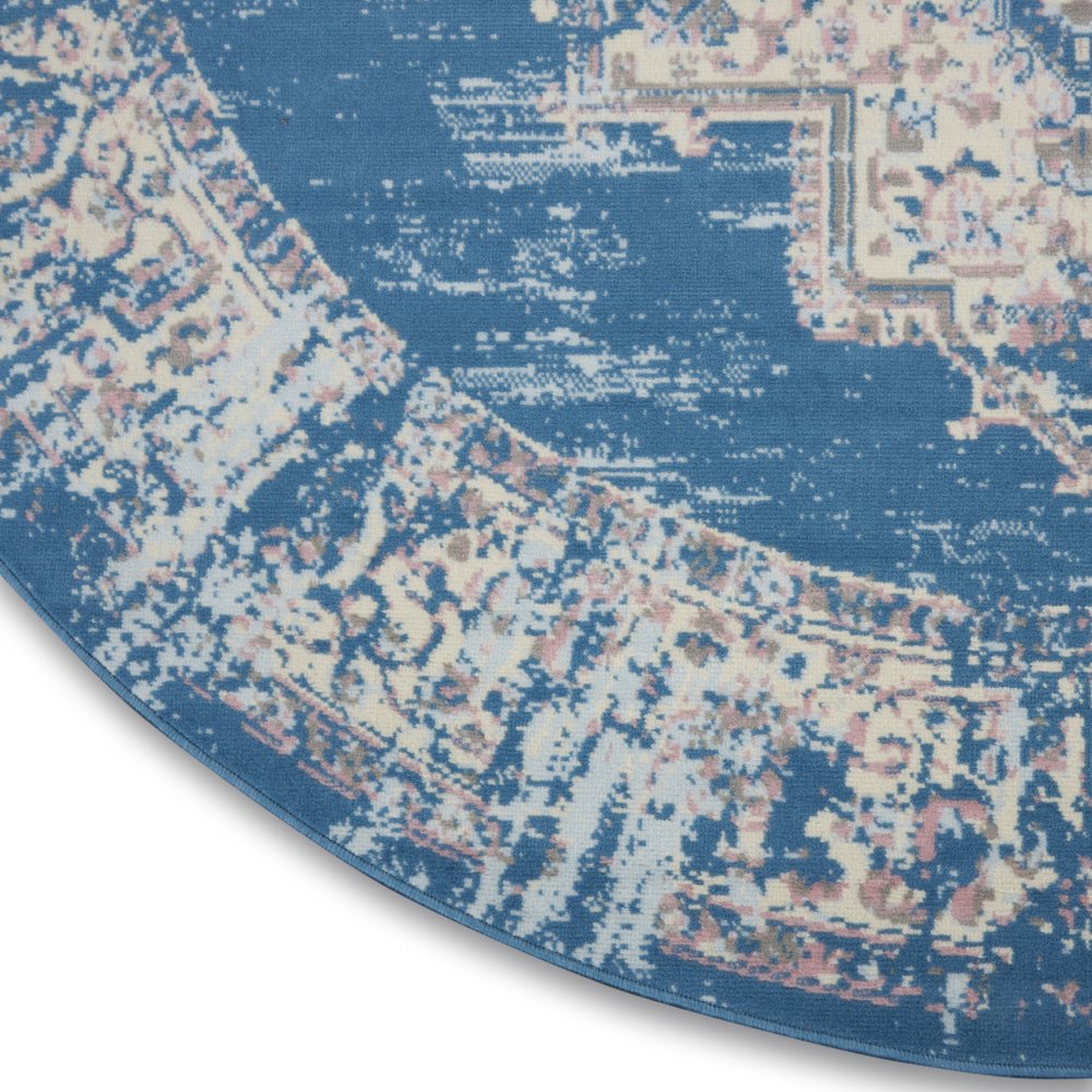 8' Blue Round Damask Power Loom Area Rug