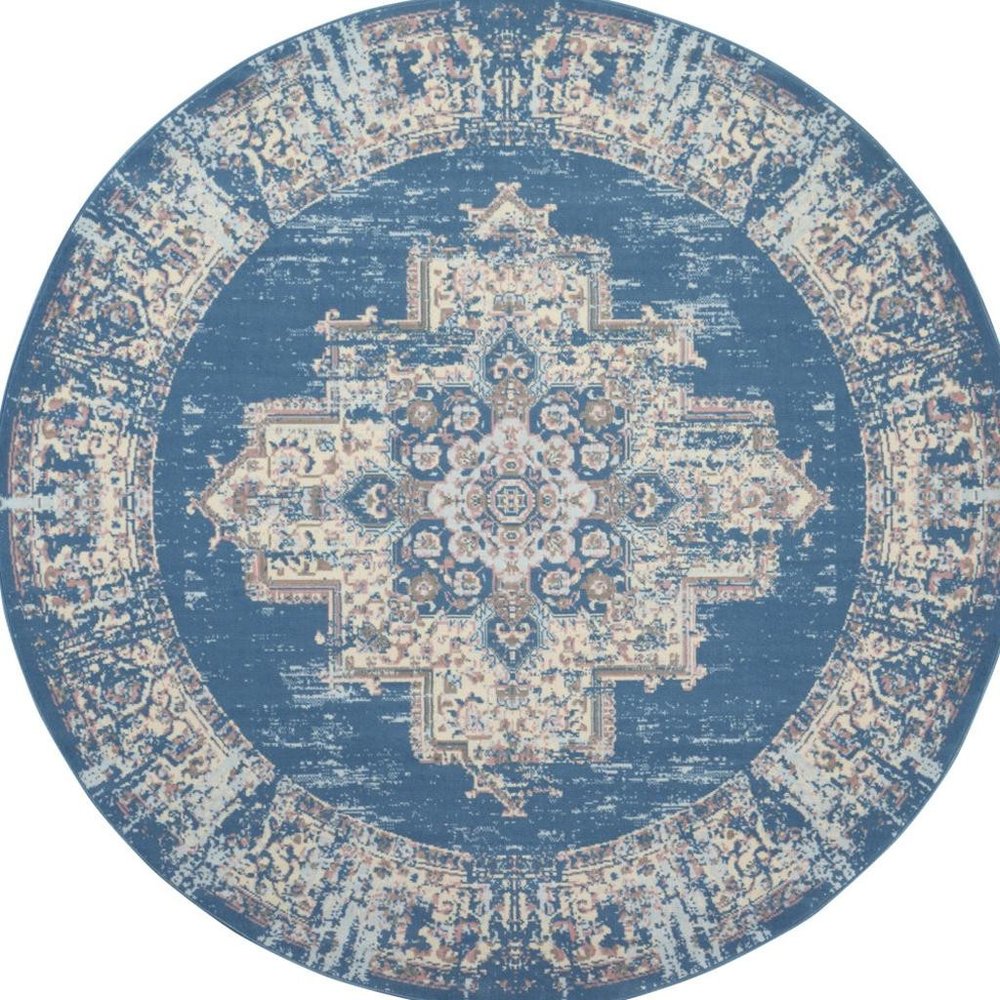 8' Blue Round Damask Power Loom Area Rug