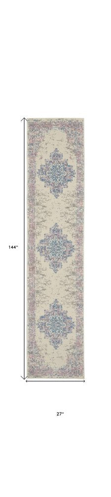 12' Pink And Ivory Medallion Runner Rug