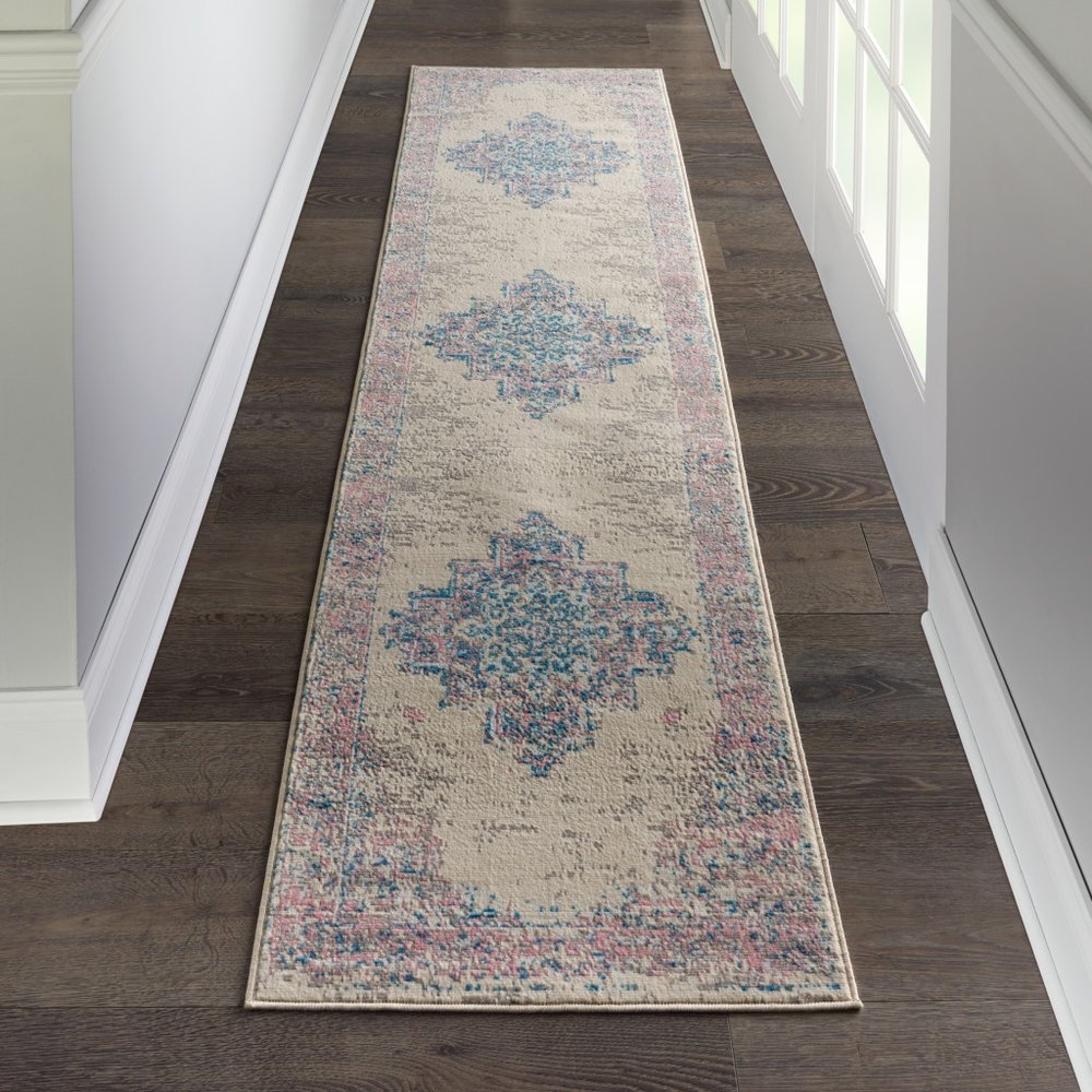 12' Pink And Ivory Medallion Runner Rug
