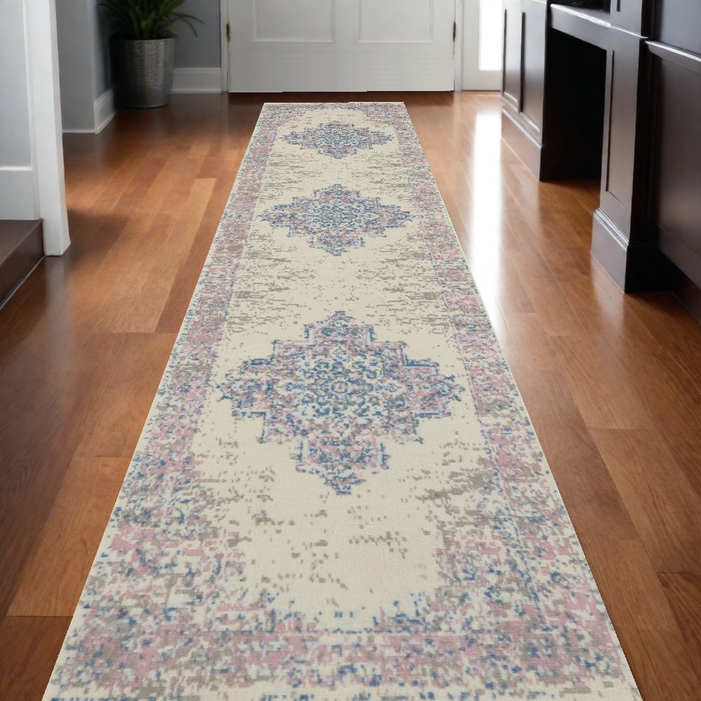10' Pink And Ivory Medallion Runner Rug