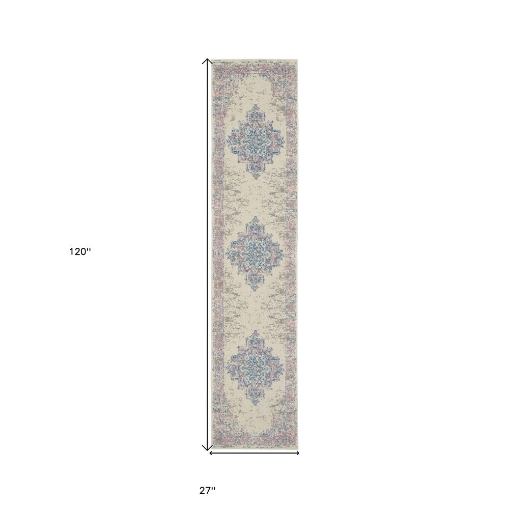 10' Pink And Ivory Medallion Runner Rug