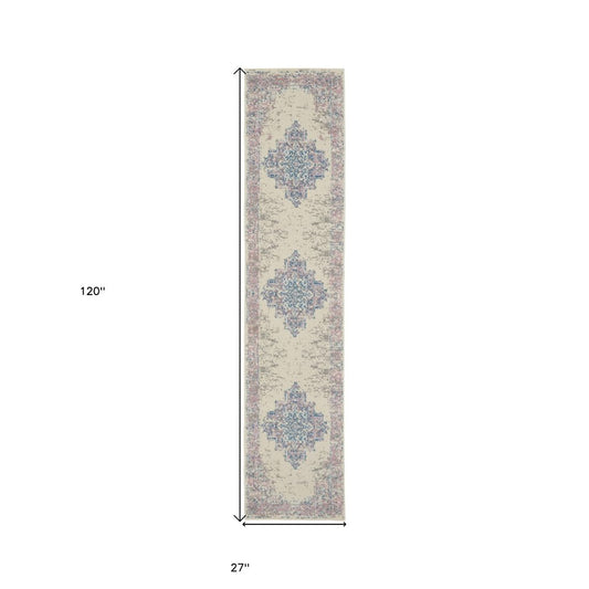 10' Pink And Ivory Medallion Runner Rug