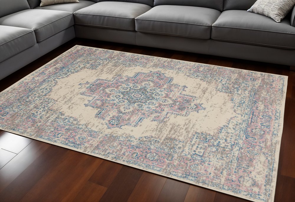 6' X 9' Ivory Pink And Blue Medallion Area Rug