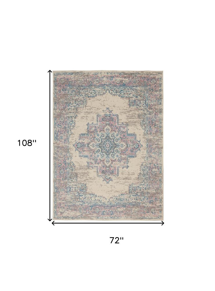 6' X 9' Ivory Pink And Blue Medallion Area Rug