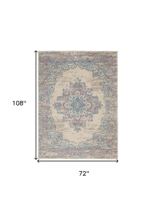 6' X 9' Ivory Pink And Blue Medallion Area Rug