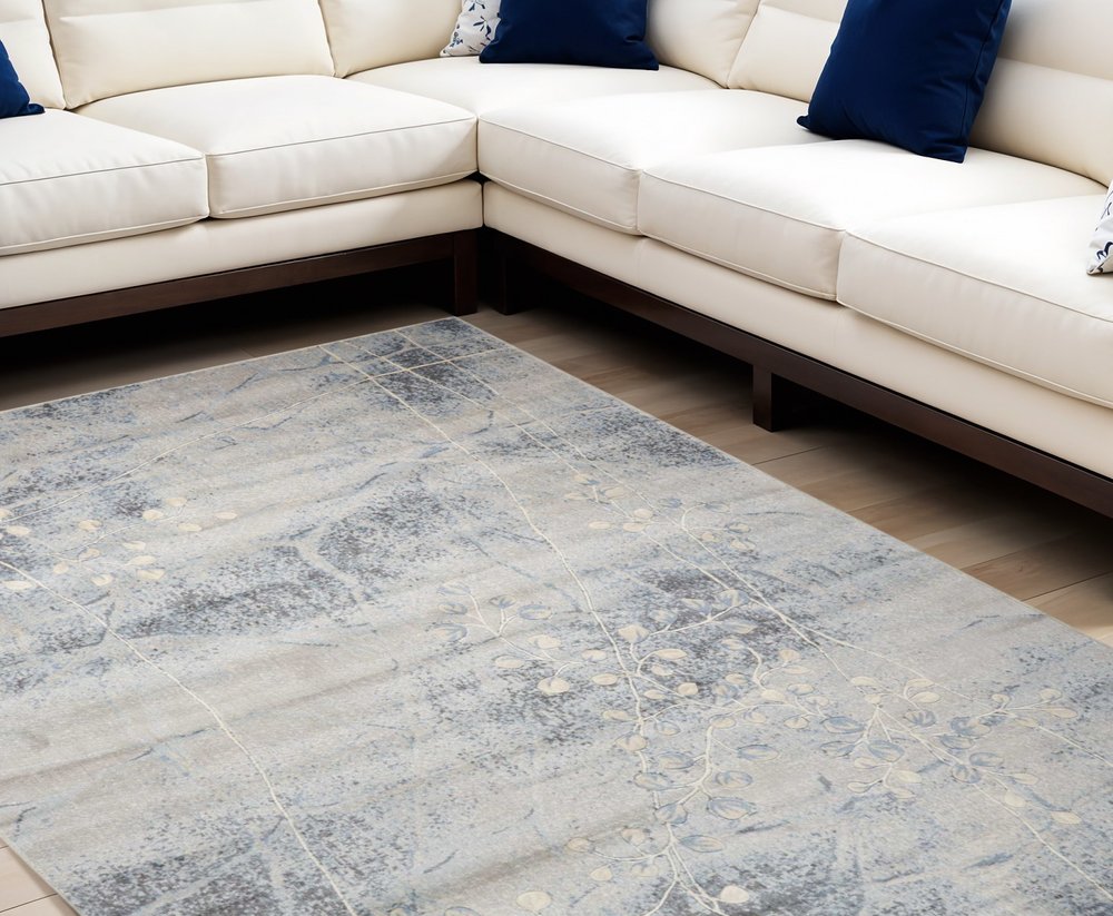 10' X 13' Blue and Silver Floral Power Loom Area Rug