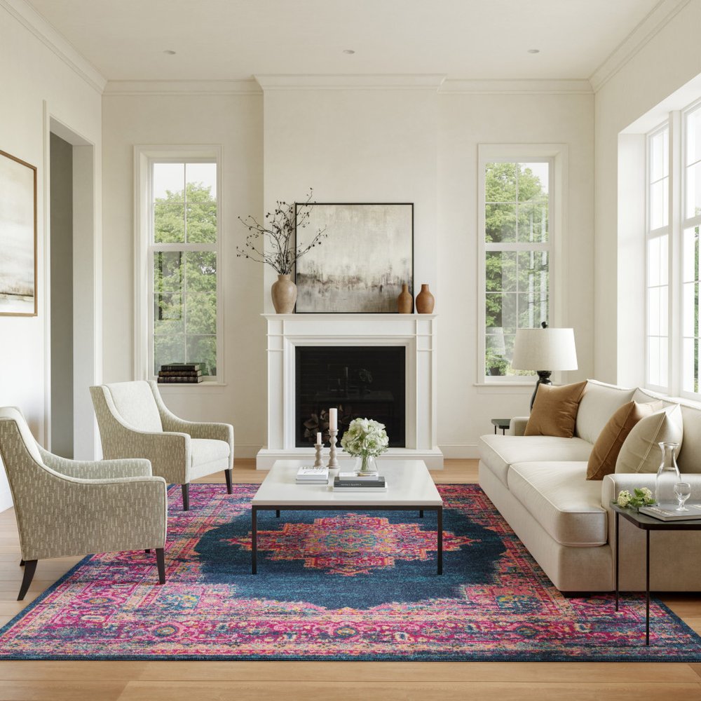 9' X 12' Blue Floral Power Loom Area Rug