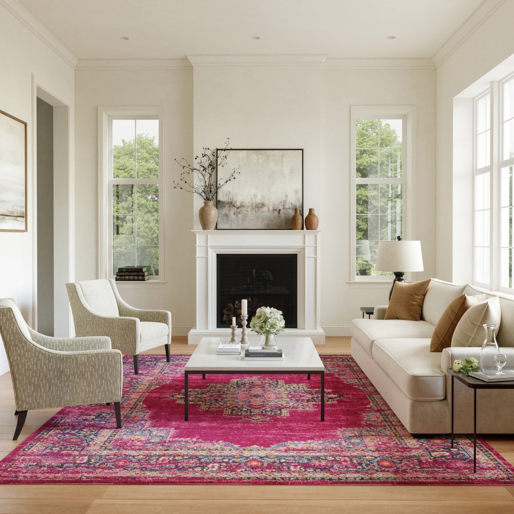 9' X 12' Fuchsia Floral Power Loom Area Rug