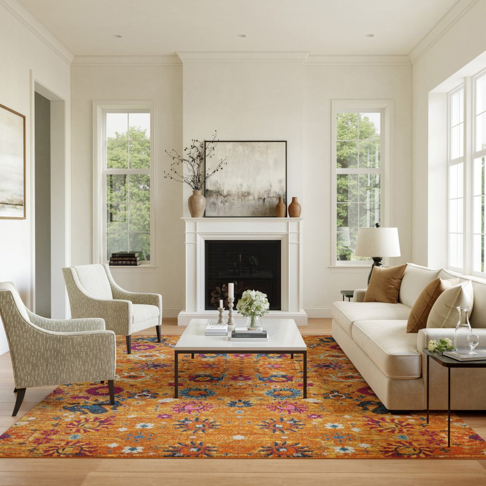 9' X 12' Gold Floral Power Loom Area Rug