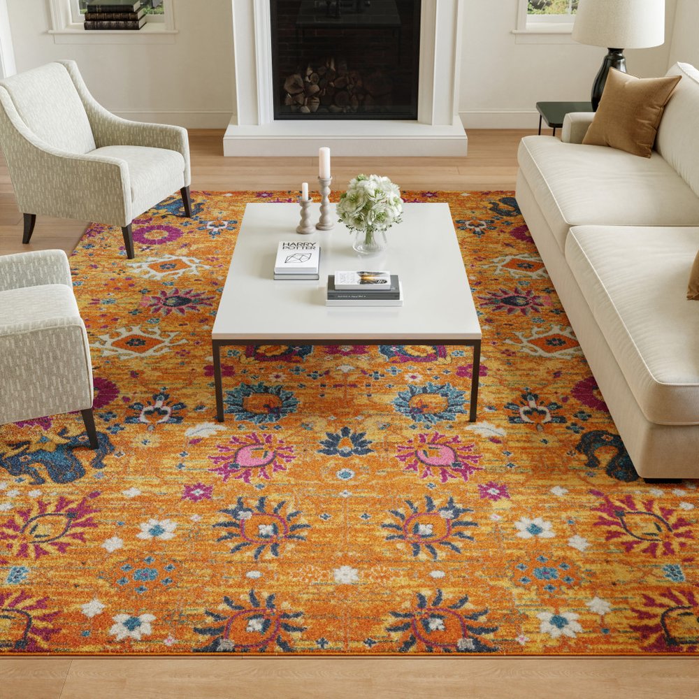 9' X 12' Gold Floral Power Loom Area Rug