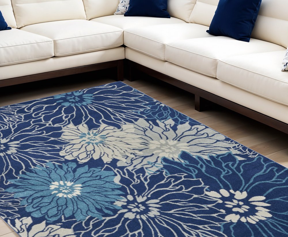 9' X 12' Blue and Ivory Floral Power Loom Area Rug