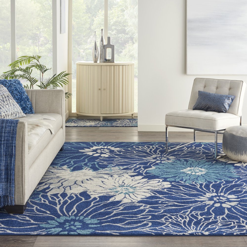 9' X 12' Blue and Ivory Floral Power Loom Area Rug