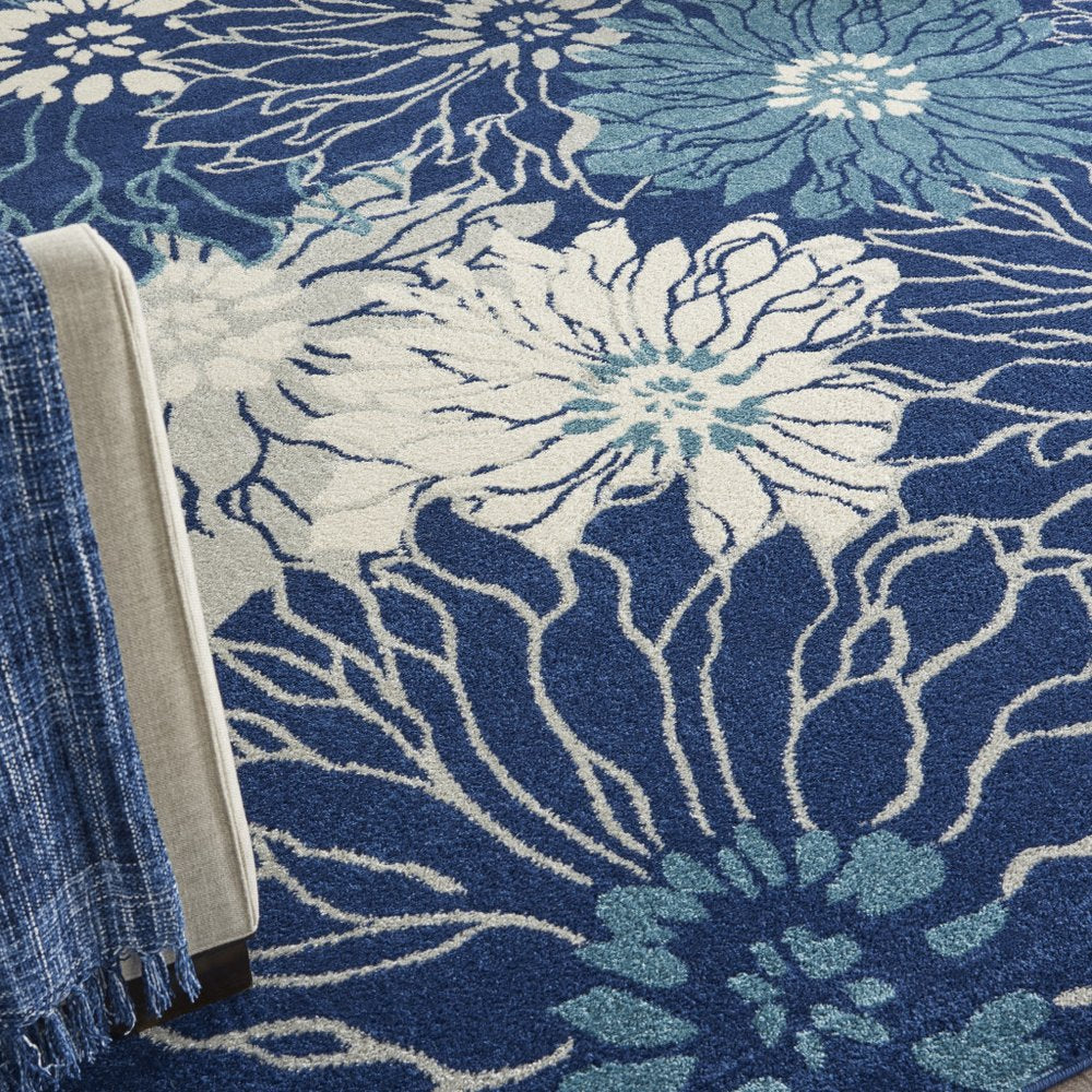 9' X 12' Blue and Ivory Floral Power Loom Area Rug