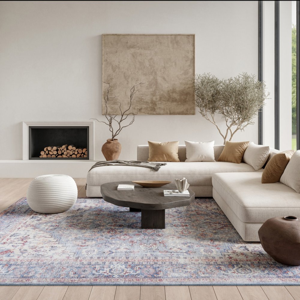 9' X 12' Blue Floral Power Loom Distressed Area Rug