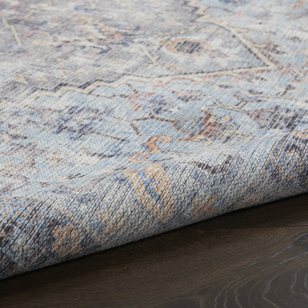 9' X 12' Blue and Gray Floral Medallion Power Loom Distressed Washable Area Rug