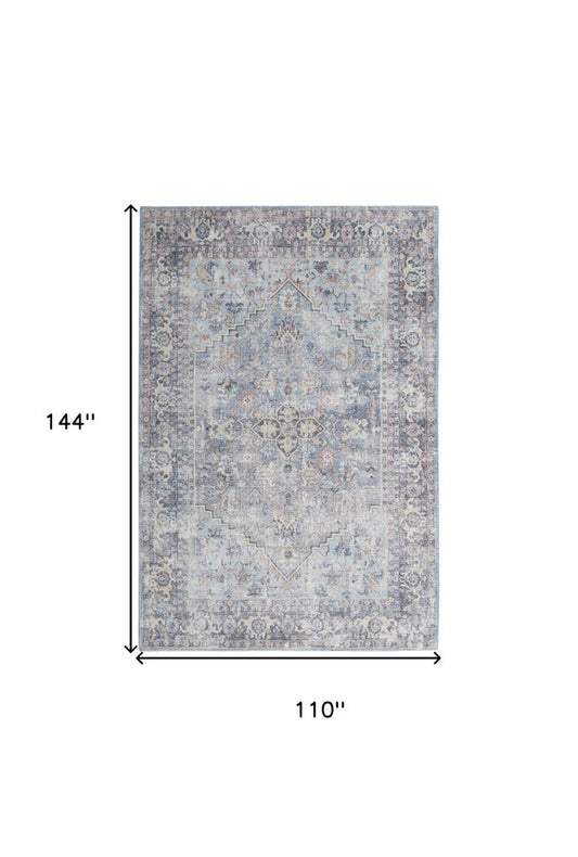 9' X 12' Blue and Gray Floral Medallion Power Loom Distressed Washable Area Rug