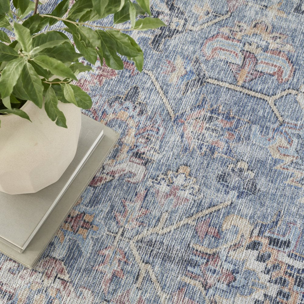 9' X 12' Blue and Gray Floral Medallion Power Loom Distressed Washable Area Rug