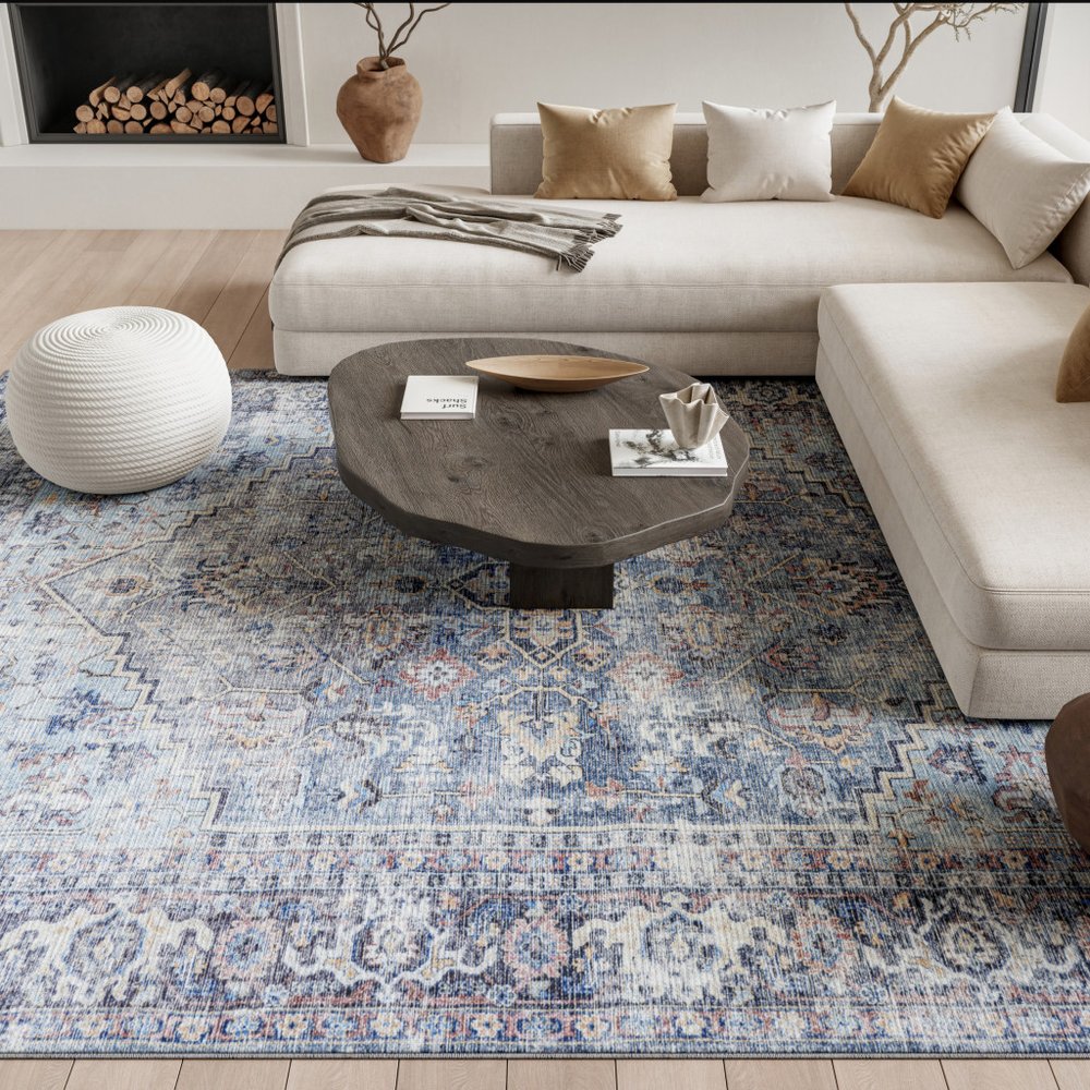 9' X 12' Blue and Gray Floral Medallion Power Loom Distressed Washable Area Rug