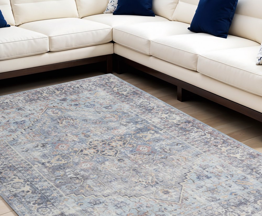 9' X 12' Blue and Gray Floral Medallion Power Loom Distressed Washable Area Rug
