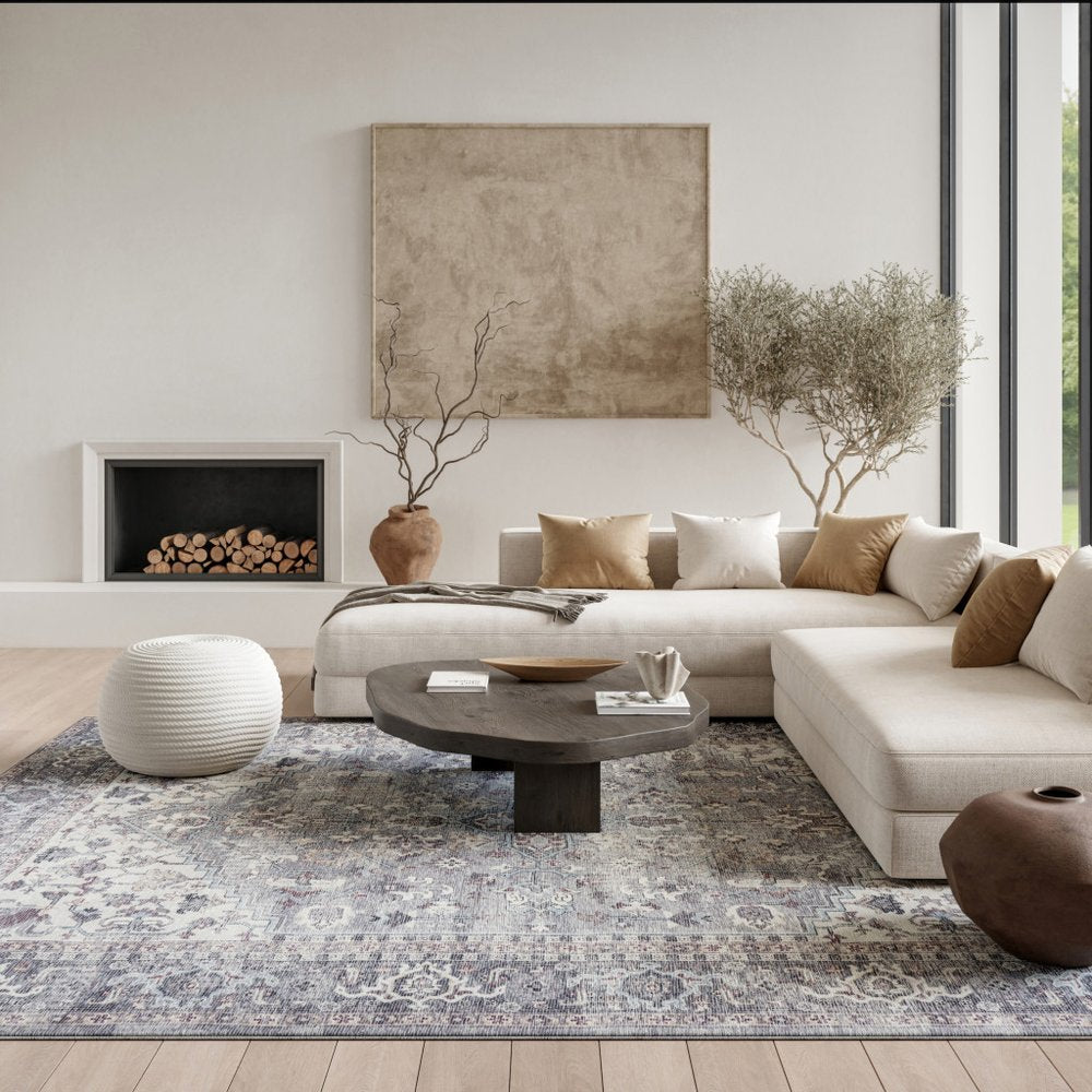 9' X 12' Gray Floral Power Loom Distressed Area Rug