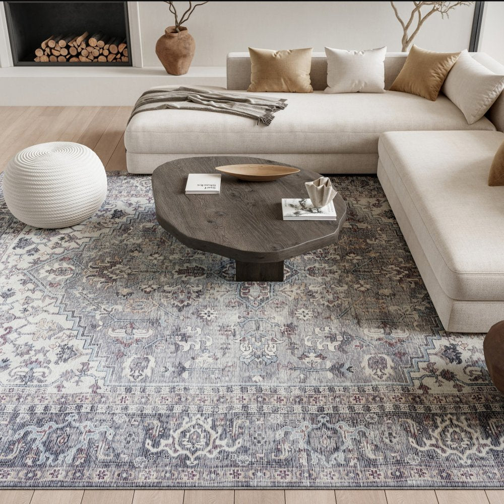 9' X 12' Gray Floral Power Loom Distressed Area Rug