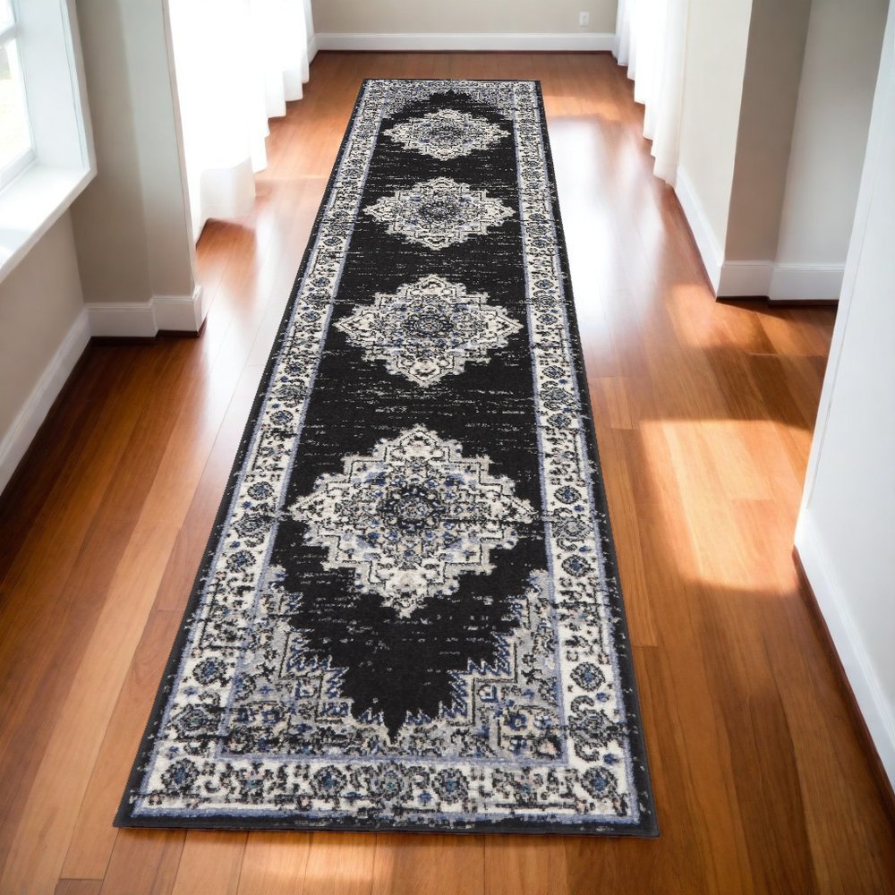 10' Black And Ivory Floral Distressed Runner Rug
