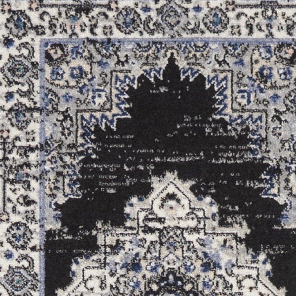 10' Black And Ivory Floral Distressed Runner Rug