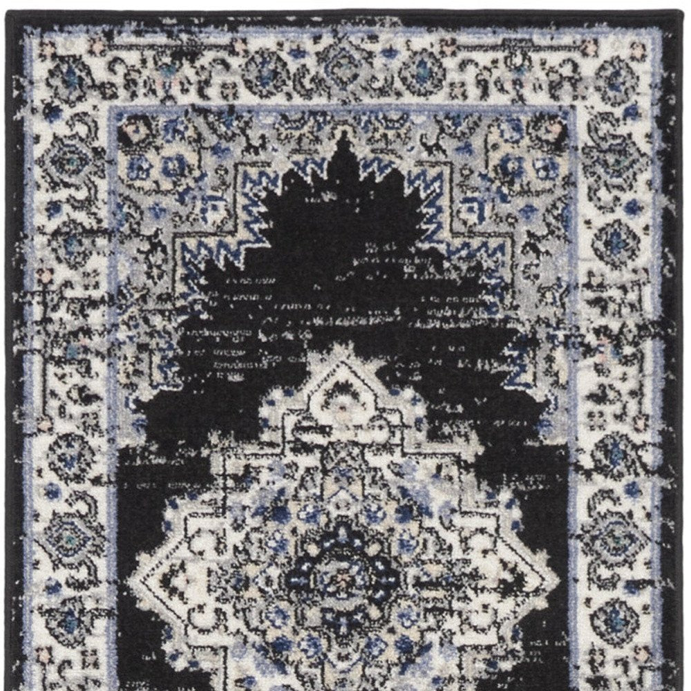 10' Black And Ivory Floral Distressed Runner Rug