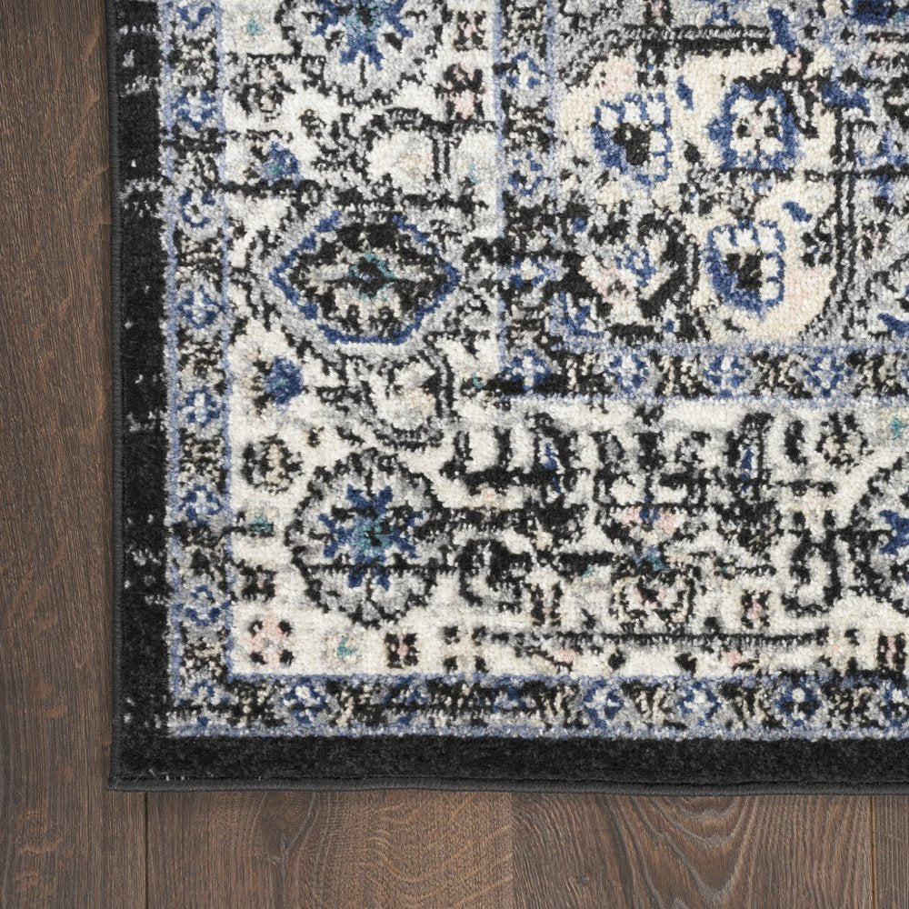 10' Black And Ivory Floral Distressed Runner Rug