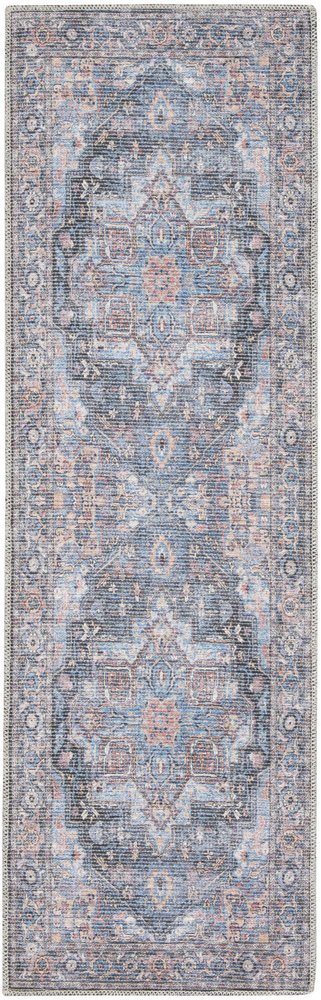 8' Blue Floral Power Loom Distressed Washable Runner Rug