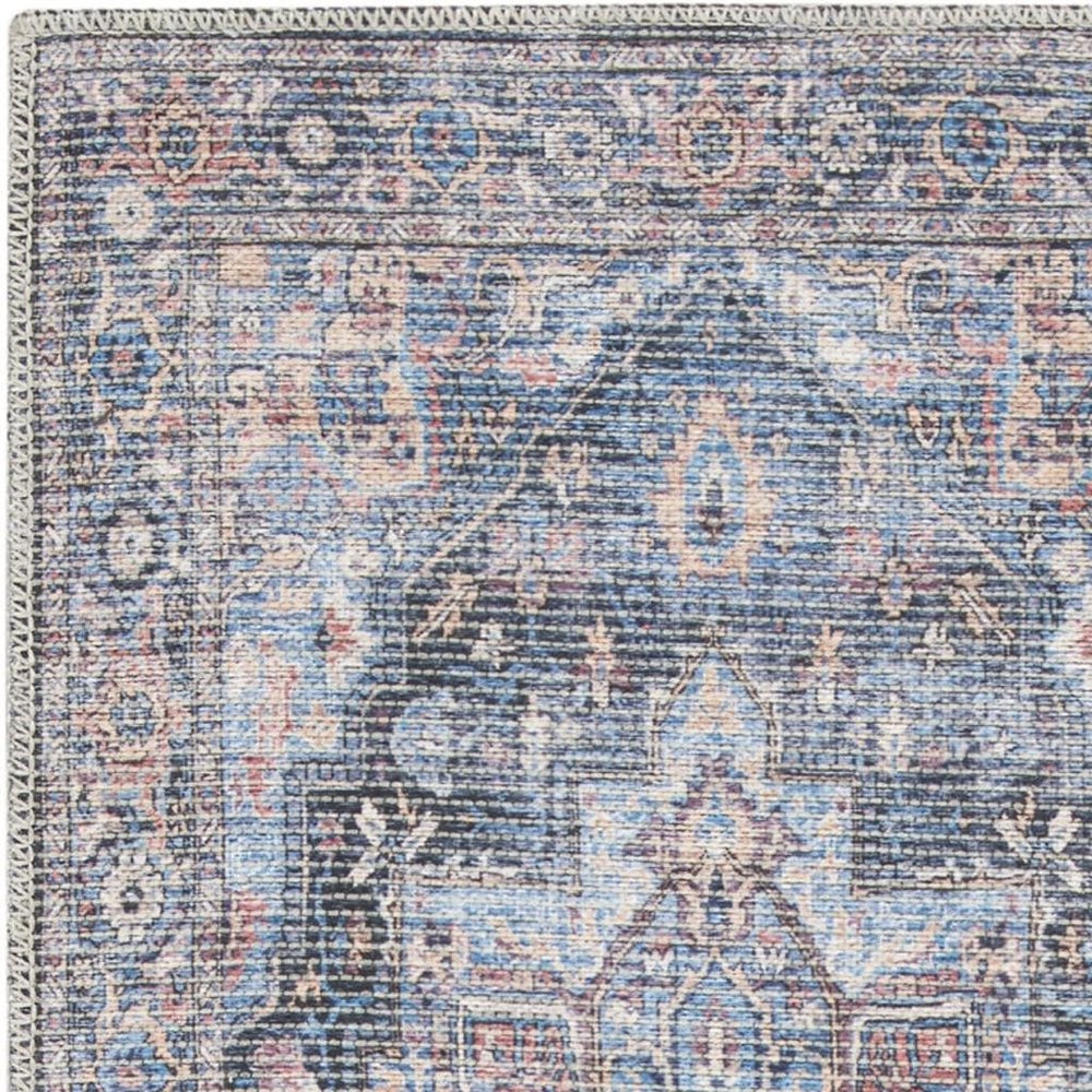 8' Blue Floral Power Loom Distressed Washable Runner Rug