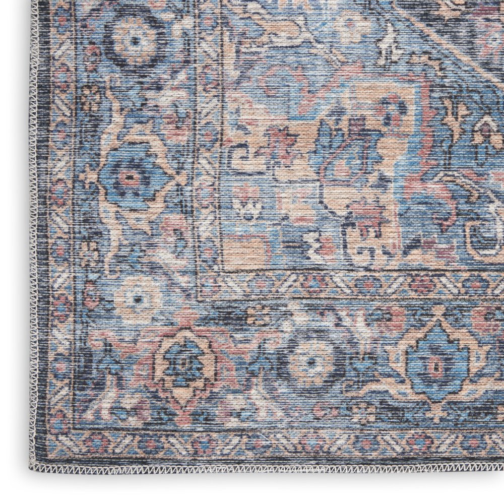 8' Blue Floral Power Loom Distressed Washable Runner Rug