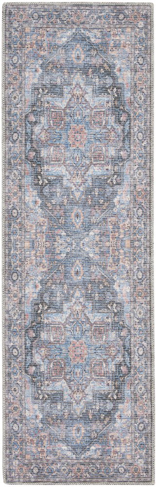 10' Blue Floral Power Loom Distressed Washable Runner Rug