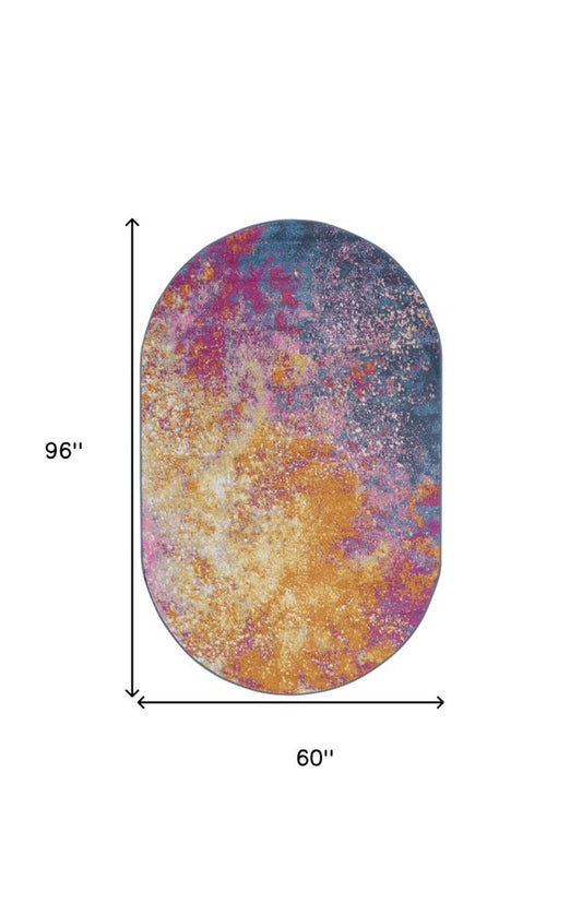 5' X 8' Blue Abstract Oval Rug