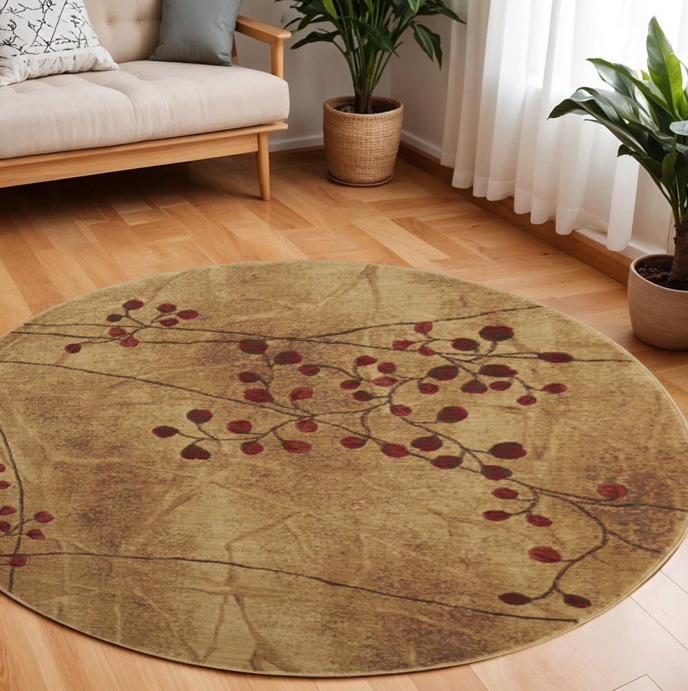 8' Brown Floral Power Loom Non Skid Round Rug